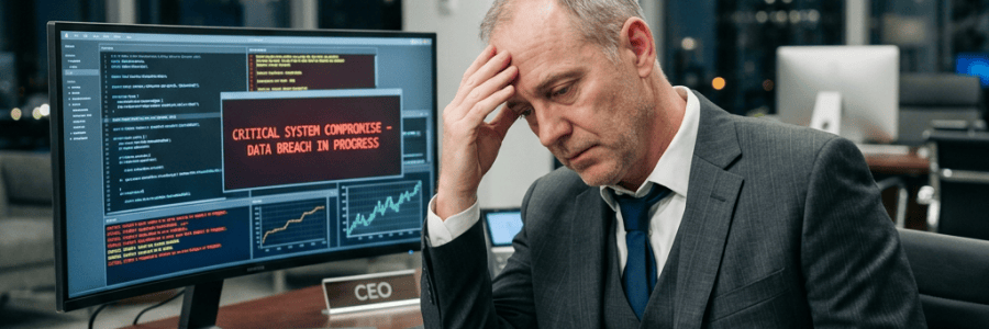 CEO beside monitor reading “CRITICAL SYSTEM COMPROMISE – DATA BREACH IN PROGRESS”