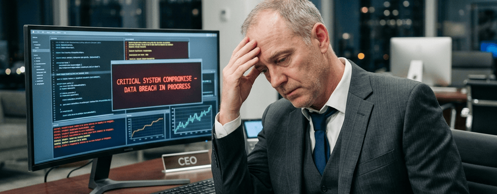 CEO beside monitor reading “CRITICAL SYSTEM COMPROMISE – DATA BREACH IN PROGRESS”